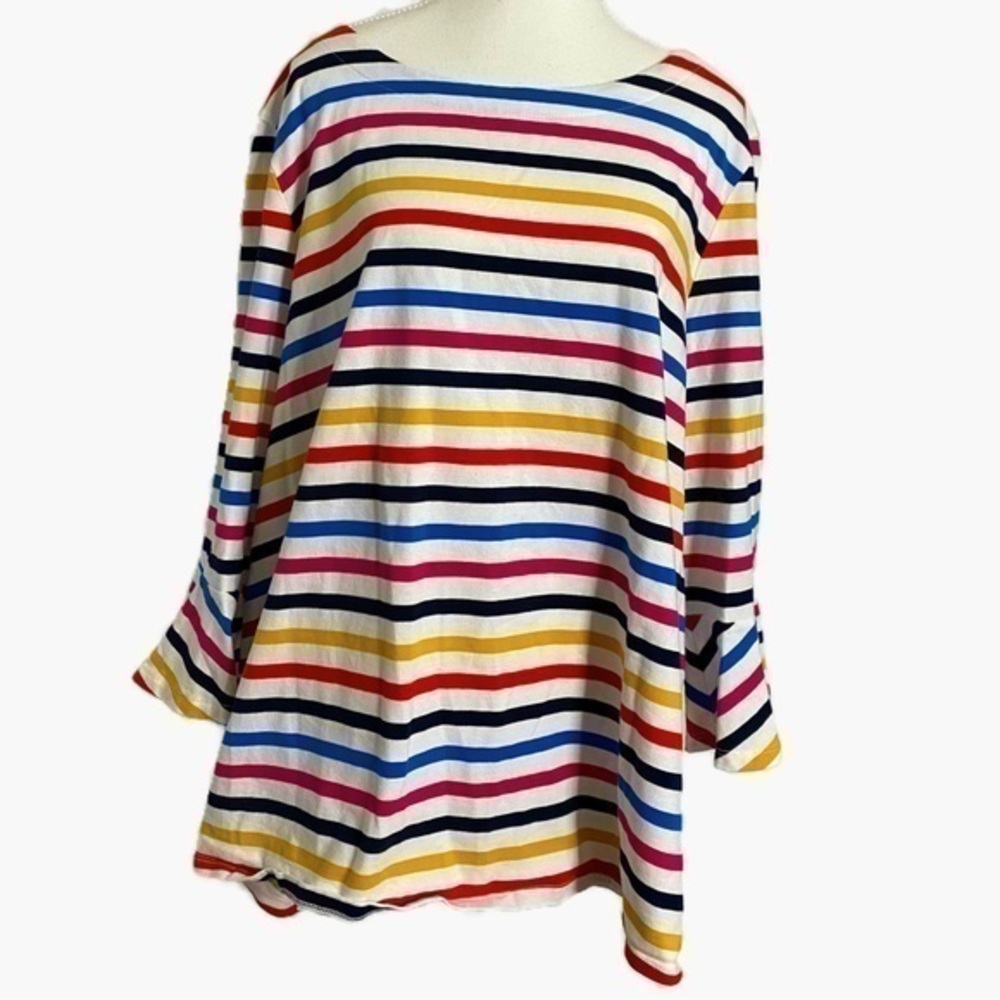 KIM‎ ROGERS STRIPED 3/4 RUFFLE Bell Sleeve Top